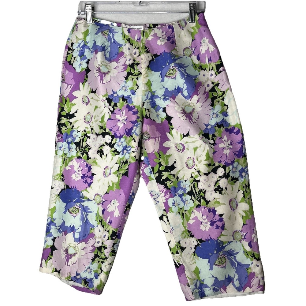 Allison Taylor 100% Silk Lined Purple Floral Print Capri Pants 6 Elegant Preppy